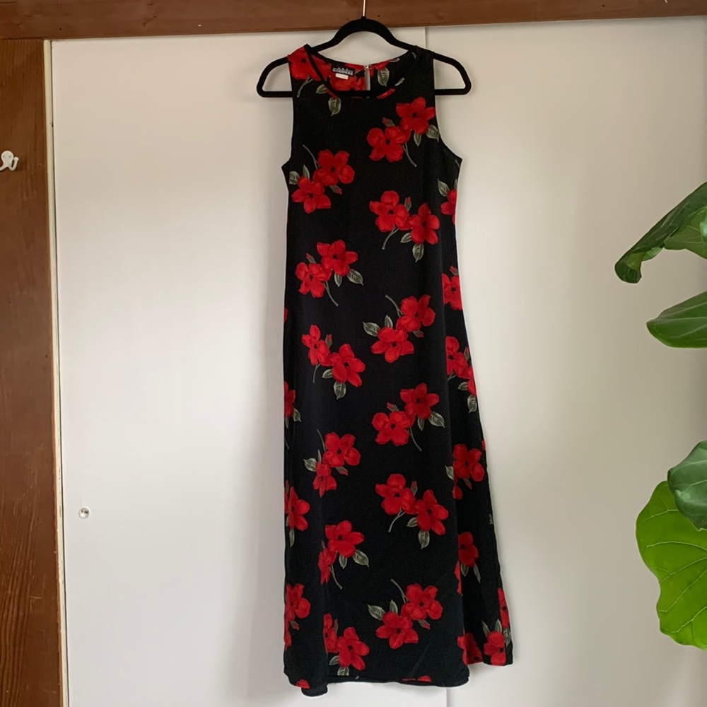 Vintage Sleeveless Black Floral Maxi Dress Bold Red Flowers  Medium GDS Goddess